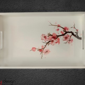 Rectangle white lacquer tray with hand painted peach blossom 25x40 cm